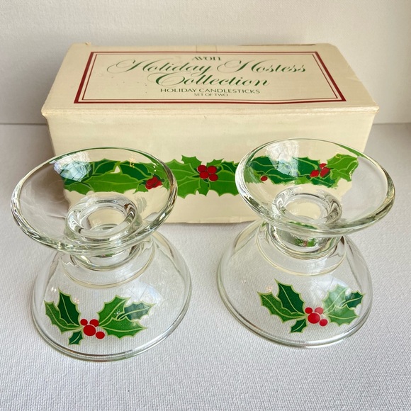 Vintage Avon glass Holiday Hostess Christmas holly taper candle holders with box - Picture 1 of 15
